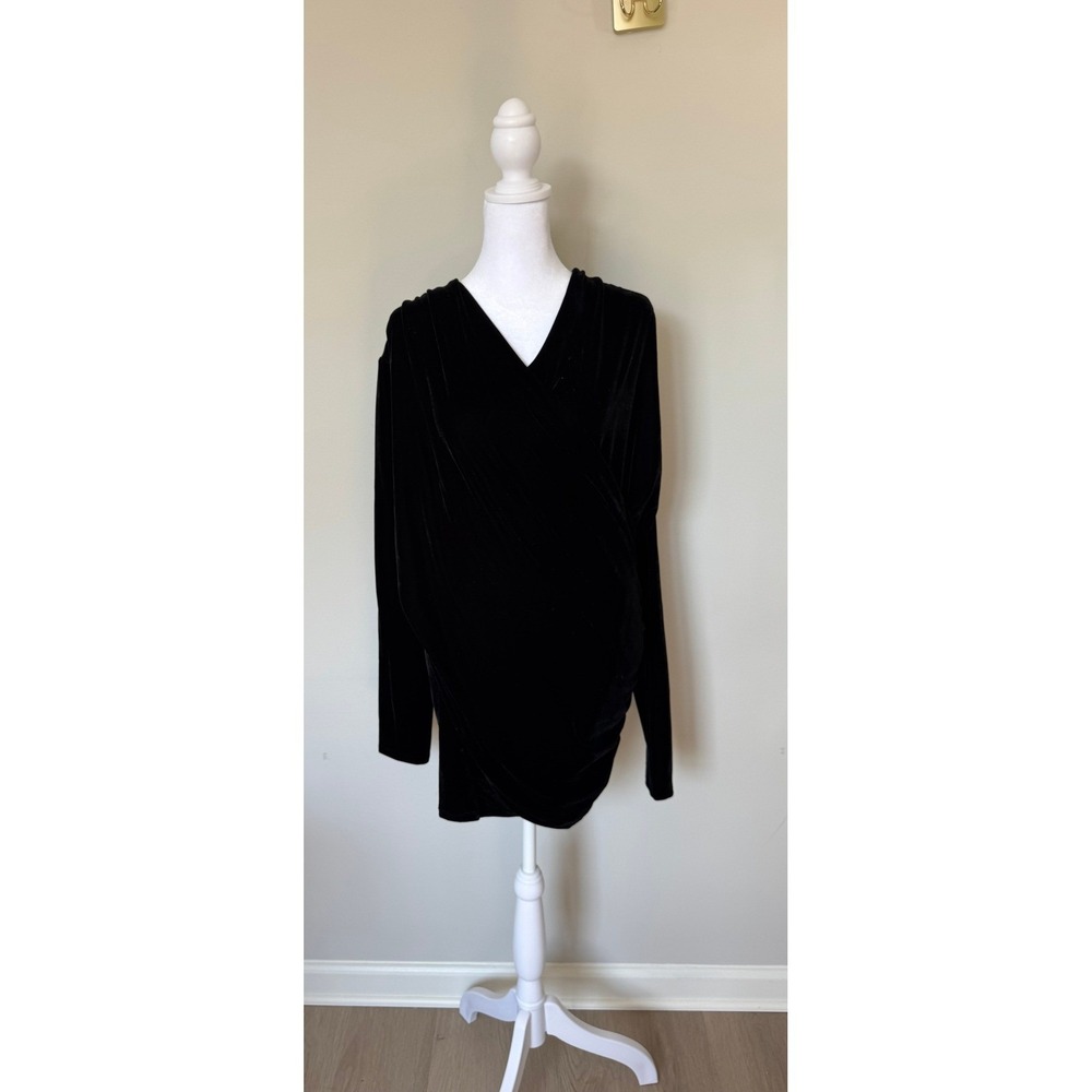 HM‎ Black Velvet Wrap Mini Dress Long Sleeve Ruched V-Neck Cocktail Party